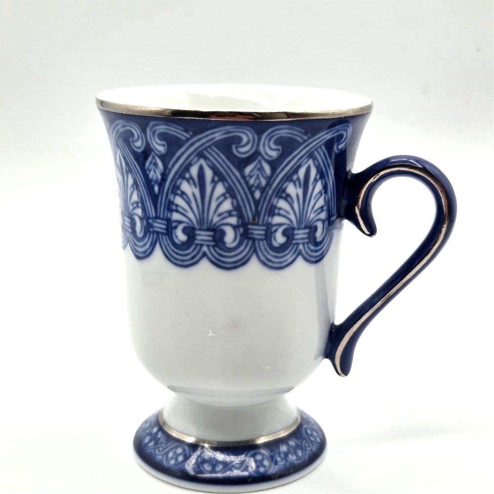 Bombay Arabesque Tile 4.5" Footed‎ Blue White Platinum Trim Tea Cup